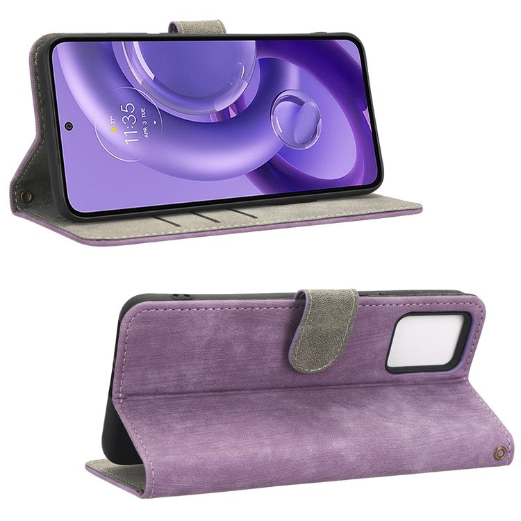 RFID Blocking Phone Case for Motorola Edge 30 Neo 5G , Leather Wallet Stand Phone Cover with Strap - Purple