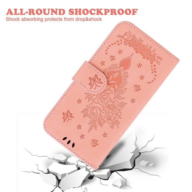 Phone Wallet Case for OnePlus 11 5G PU Leather Rose Butterfly Imprinted Stand Cell Phone Cover - Pink
