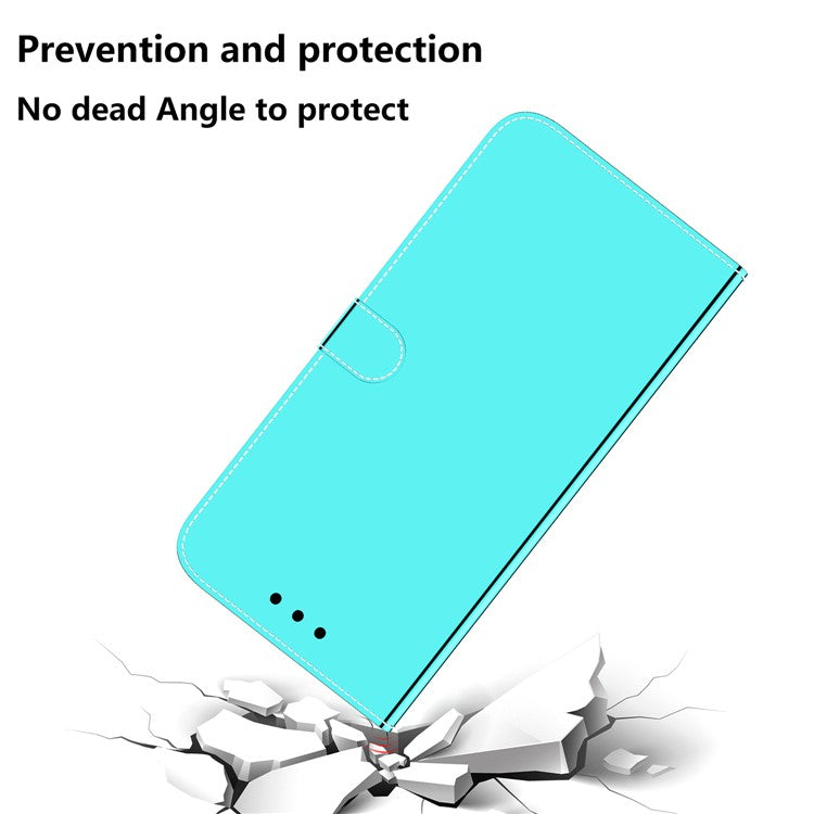 For OnePlus 11 5G Mirror-like Surface Phone Case Stand Wallet PU Leather Shockproof Cell Phone Cover - Cyan