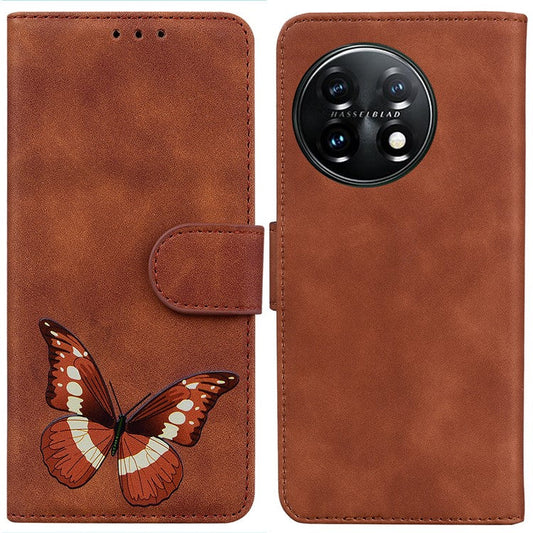 For OnePlus 11 5G Butterfly Printing Skin-friendly Flip Leather Wallet Cover Anti-drop Phone Case Stand - Brown