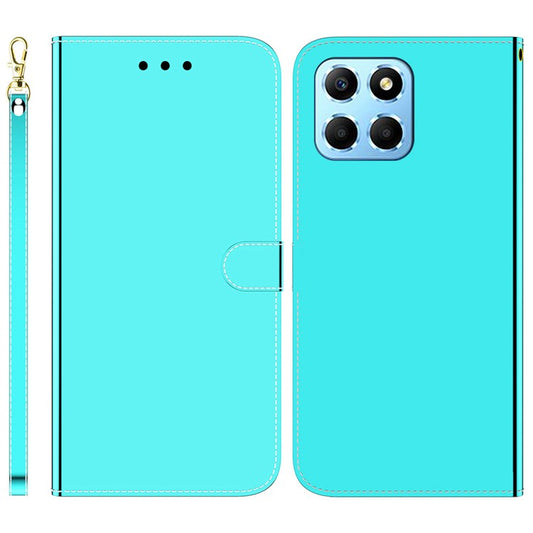 Smartphone Case For Honor X8 5G , Stand Wallet Mirror-like Surface PU Leather Cell Phone Cover - Cyan