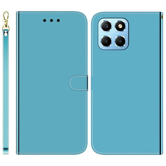 Smartphone Case For Honor X8 5G , Stand Wallet Mirror-like Surface PU Leather Cell Phone Cover - Blue
