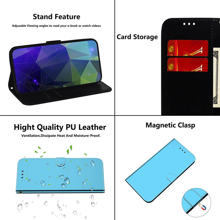 Smartphone Case For Honor X8 5G , Stand Wallet Mirror-like Surface PU Leather Cell Phone Cover - Blue