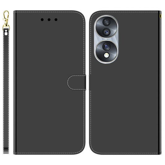 For Honor 70 5G Mirror-like Surface PU Leather Wallet Phone Case Stand Flip Cover with Strap - Black