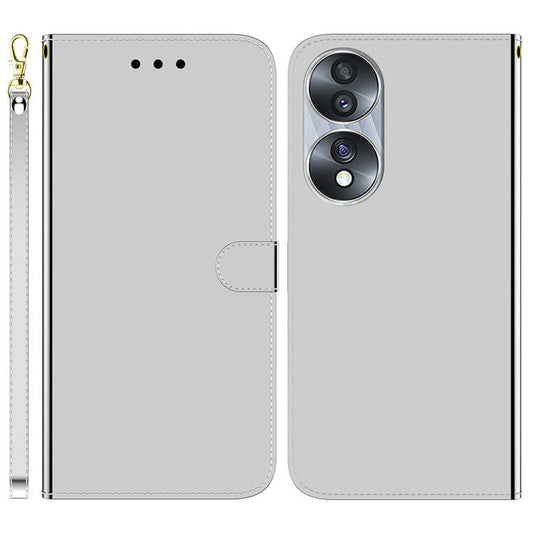 For Honor 70 5G Mirror-like Surface PU Leather Wallet Phone Case Stand Flip Cover with Strap - Silver