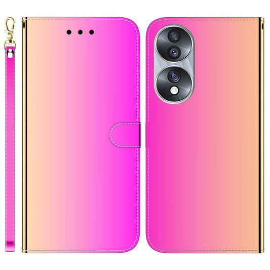 For Honor 70 5G Mirror-like Surface PU Leather Wallet Phone Case Stand Flip Cover with Strap - Rose