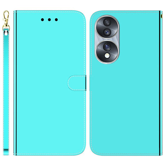 For Honor 70 5G Mirror-like Surface PU Leather Wallet Phone Case Stand Flip Cover with Strap - Cyan