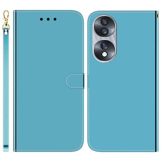 For Honor 70 5G Mirror-like Surface PU Leather Wallet Phone Case Stand Flip Cover with Strap - Blue