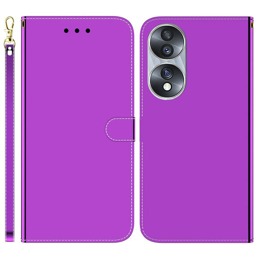For Honor 70 5G Mirror-like Surface PU Leather Wallet Phone Case Stand Flip Cover with Strap - Purple