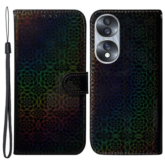 For Honor 70 5G PU Leather Dazzling Flower Pattern Shockproof Phone Case Stand Wallet with Strap - Black