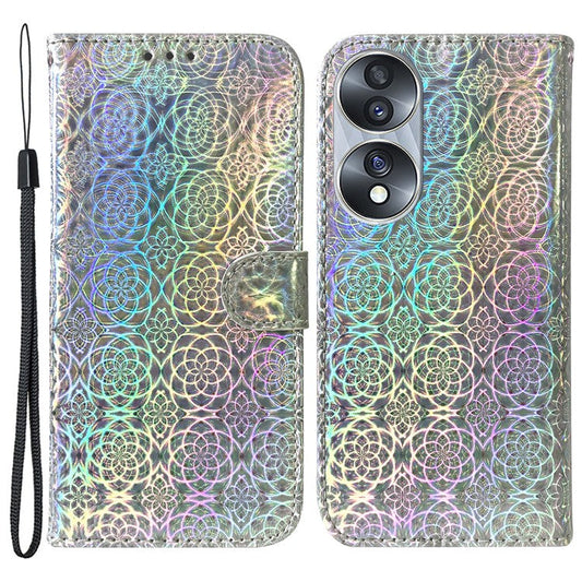 For Honor 70 5G PU Leather Dazzling Flower Pattern Shockproof Phone Case Stand Wallet with Strap - Grey