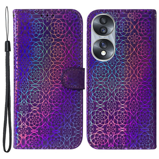 For Honor 70 5G PU Leather Dazzling Flower Pattern Shockproof Phone Case Stand Wallet with Strap - Purple