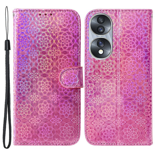 For Honor 70 5G PU Leather Dazzling Flower Pattern Shockproof Phone Case Stand Wallet with Strap - Pink