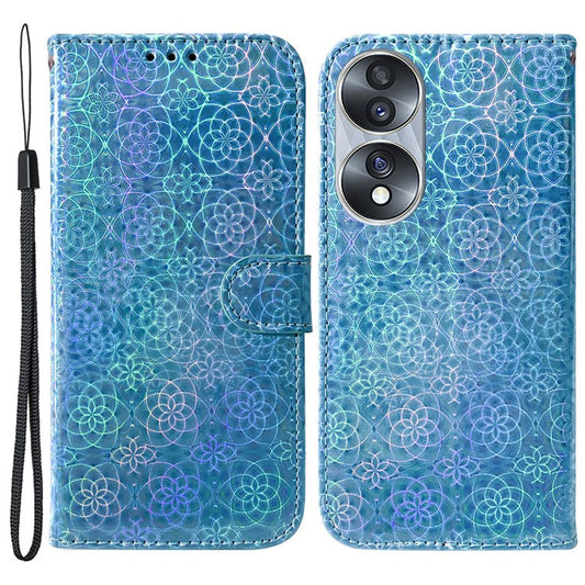 For Honor 70 5G PU Leather Dazzling Flower Pattern Shockproof Phone Case Stand Wallet with Strap - Blue