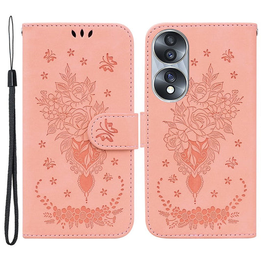 Drop-proof Phone Case For Honor 70 5G , Rose Butterfly Imprinted Stand Flip Leather Wallet Cover - Pink