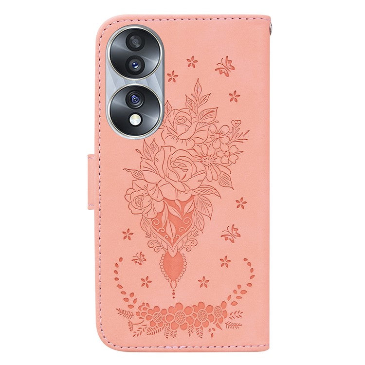 Drop-proof Phone Case For Honor 70 5G , Rose Butterfly Imprinted Stand Flip Leather Wallet Cover - Pink