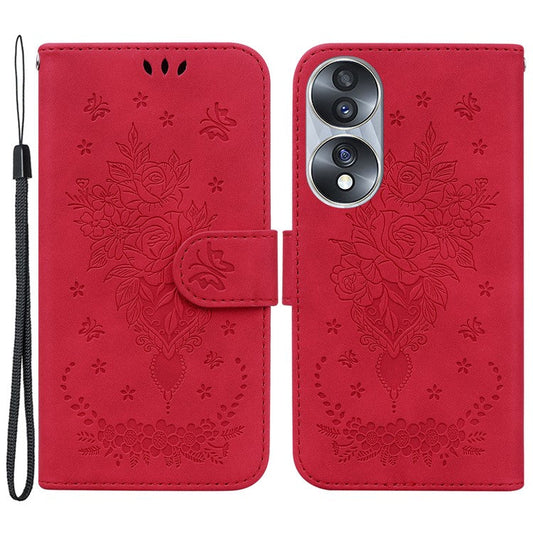 Drop-proof Phone Case For Honor 70 5G , Rose Butterfly Imprinted Stand Flip Leather Wallet Cover - Red
