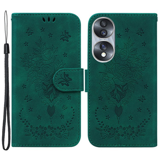Drop-proof Phone Case For Honor 70 5G , Rose Butterfly Imprinted Stand Flip Leather Wallet Cover - Green
