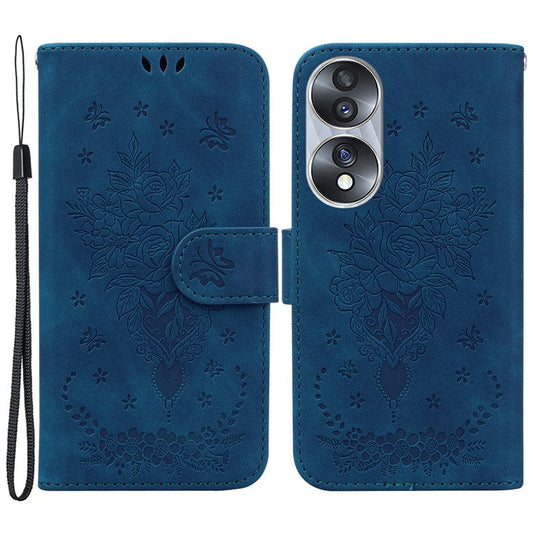 Drop-proof Phone Case For Honor 70 5G , Rose Butterfly Imprinted Stand Flip Leather Wallet Cover - Blue