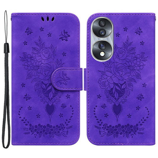 Drop-proof Phone Case For Honor 70 5G , Rose Butterfly Imprinted Stand Flip Leather Wallet Cover - Purple