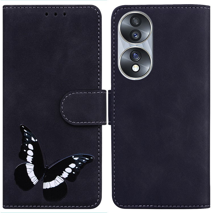 For Honor 70 5G PU Leather Wallet Phone Case Butterfly Pattern TPU Interior Stand Cover - Black