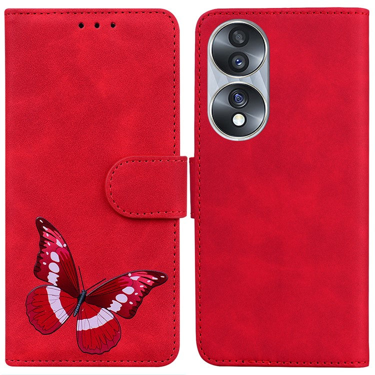 For Honor 70 5G PU Leather Wallet Phone Case Butterfly Pattern TPU Interior Stand Cover - Red