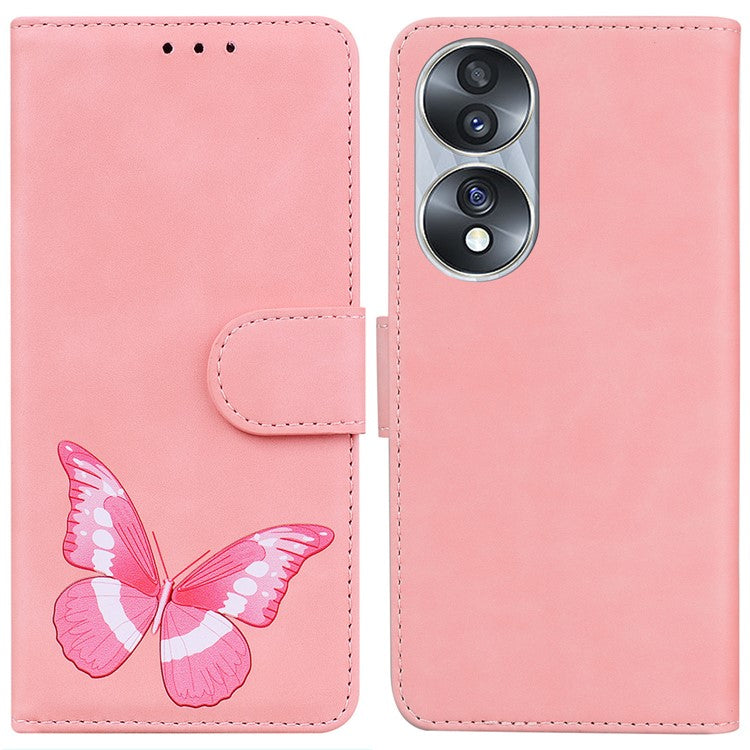For Honor 70 5G PU Leather Wallet Phone Case Butterfly Pattern TPU Interior Stand Cover - Pink