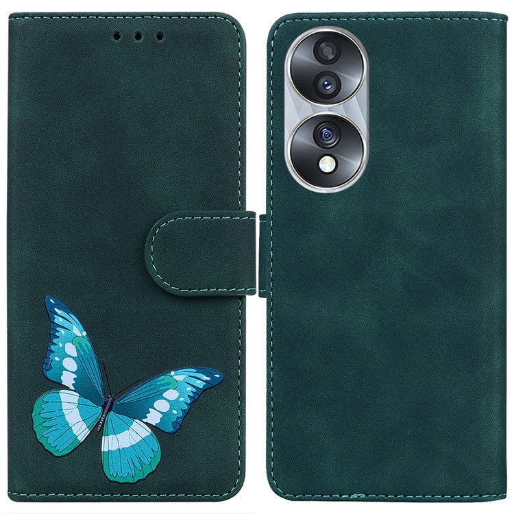 For Honor 70 5G PU Leather Wallet Phone Case Butterfly Pattern TPU Interior Stand Cover - Green