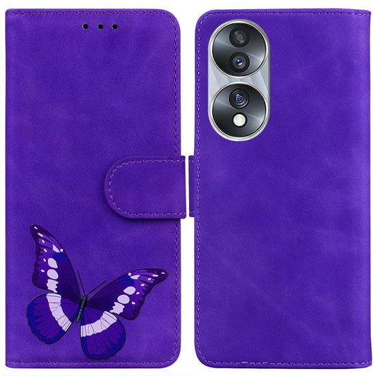 For Honor 70 5G PU Leather Wallet Phone Case Butterfly Pattern TPU Interior Stand Cover - Purple