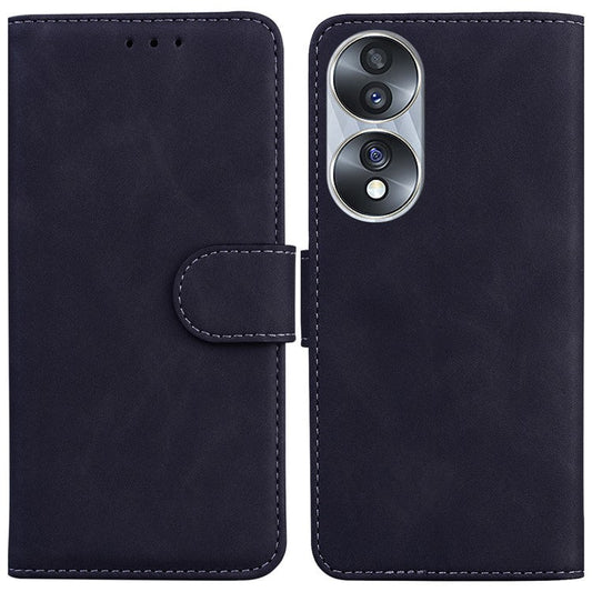For Honor 70 5G PU Leather Flip Phone Case Solid Color Folio Book Stand Wallet Cover - Black