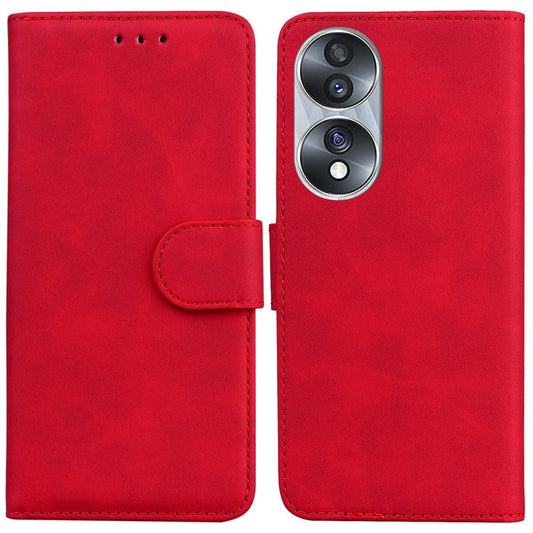 For Honor 70 5G PU Leather Flip Phone Case Solid Color Folio Book Stand Wallet Cover - Red
