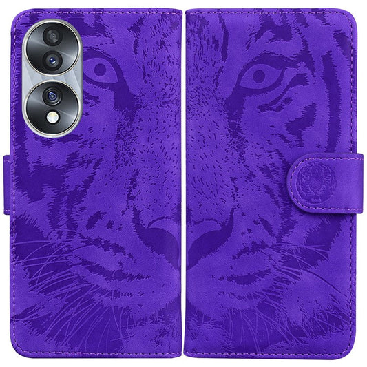 For Honor 70 5G PU Leather Flip Cover Tiger Pattern Imprinted Wallet Stand Protective Phone Case - Purple