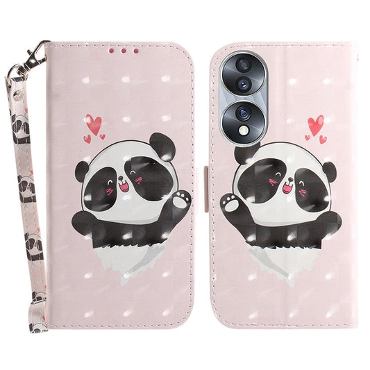 For Honor 70 5G PU Leather Phone Case Stand Wallet Anti-fall Cell Phone Cover with Strap -  Love Heart Panda
