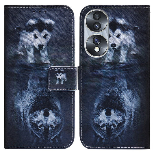 For Honor 70 5G Pattern Printing PU Leather Wallet Cover Magnetic Clasp Phone Stand Case - Dog and Wolf