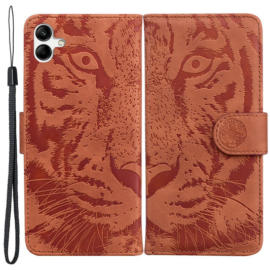 For Samsung Galaxy F04 4G / M04 4G / A04e 4G Stand Wallet Phone Cover Tiger Pattern Imprinted Leather Case - Brown