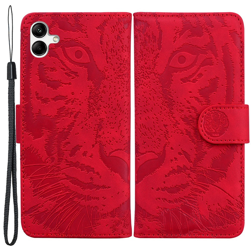 For Samsung Galaxy F04 4G / M04 4G / A04e 4G Stand Wallet Phone Cover Tiger Pattern Imprinted Leather Case - Red