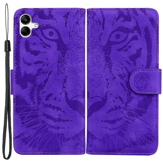 For Samsung Galaxy F04 4G / M04 4G / A04e 4G Stand Wallet Phone Cover Tiger Pattern Imprinted Leather Case - Purple