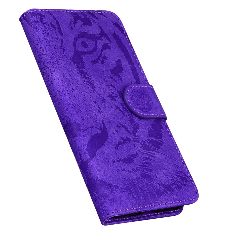 For Samsung Galaxy F04 4G / M04 4G / A04e 4G Stand Wallet Phone Cover Tiger Pattern Imprinted Leather Case - Purple