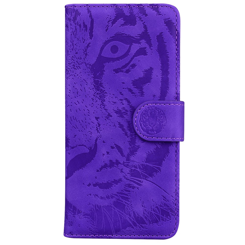 For Samsung Galaxy F04 4G / M04 4G / A04e 4G Stand Wallet Phone Cover Tiger Pattern Imprinted Leather Case - Purple