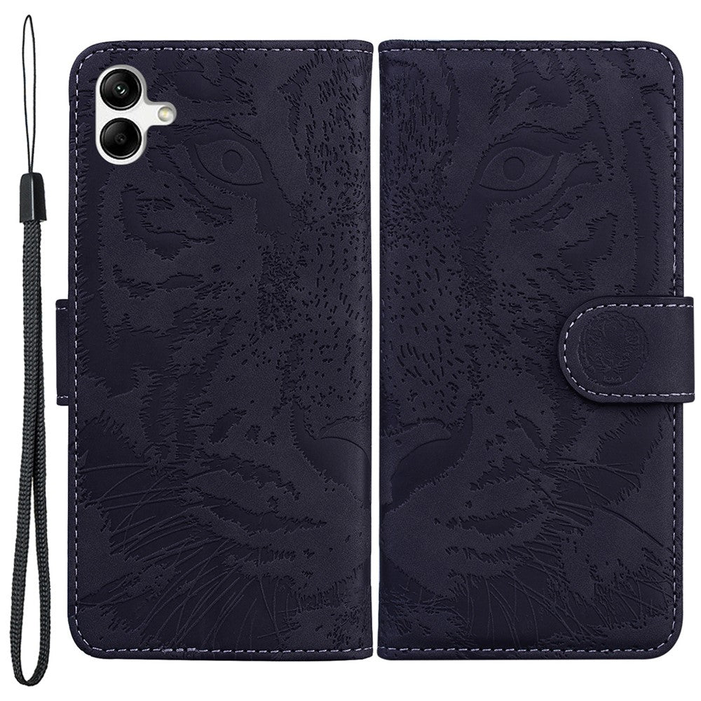 For Samsung Galaxy F04 4G / M04 4G / A04e 4G Stand Wallet Phone Cover Tiger Pattern Imprinted Leather Case - Black