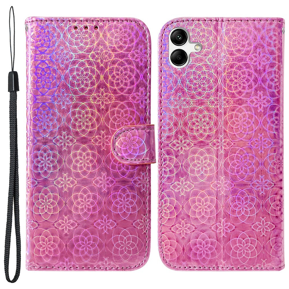For Samsung Galaxy F04 4G / M04 4G / A04e 4G Wallet Phone Case Stand Magnetic Leather Dazzling Flower Pattern Phone Cover - Pink