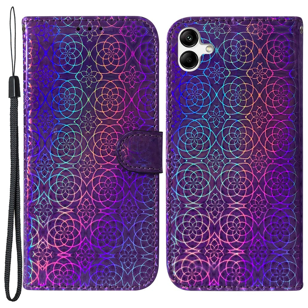 For Samsung Galaxy F04 4G / M04 4G / A04e 4G Wallet Phone Case Stand Magnetic Leather Dazzling Flower Pattern Phone Cover - Purple