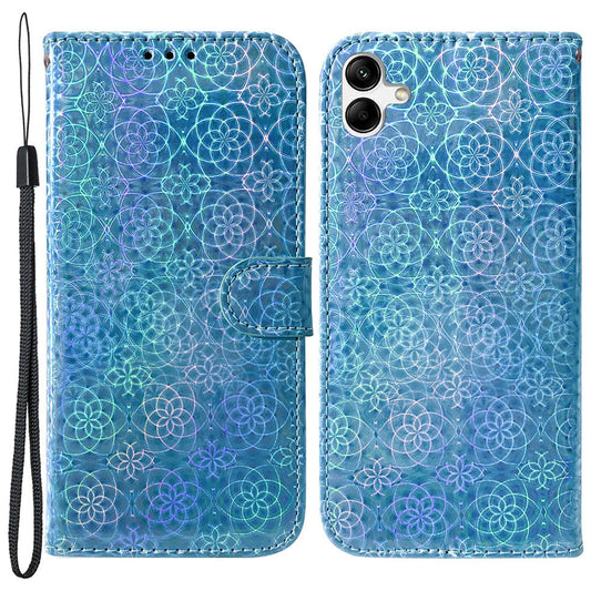 For Samsung Galaxy F04 4G / M04 4G / A04e 4G Wallet Phone Case Stand Magnetic Leather Dazzling Flower Pattern Phone Cover - Blue