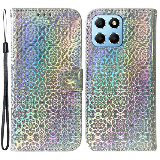 For Honor X8 5G Stand Magnetic Flip Phone Cover Leather Dazzling Flower Pattern Wallet Case with Strap - Grey