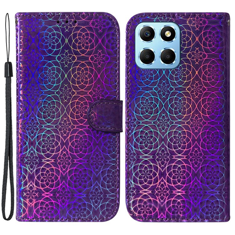 For Honor X8 5G Stand Magnetic Flip Phone Cover Leather Dazzling Flower Pattern Wallet Case with Strap - Purple