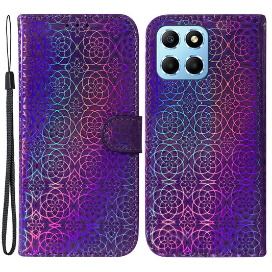 For Honor X8 5G Stand Magnetic Flip Phone Cover Leather Dazzling Flower Pattern Wallet Case with Strap - Purple