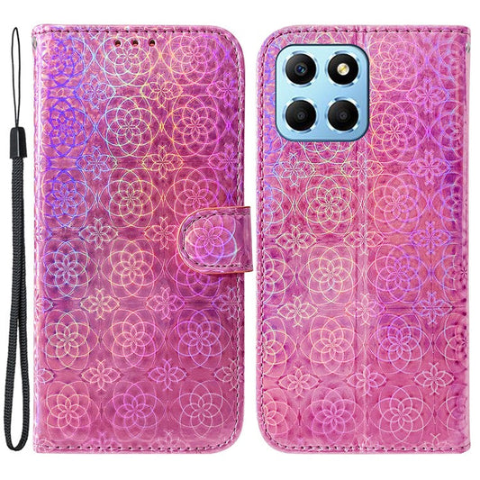 For Honor X8 5G Stand Magnetic Flip Phone Cover Leather Dazzling Flower Pattern Wallet Case with Strap - Pink