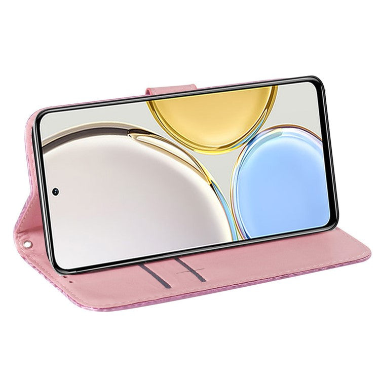 For Honor X8 5G Stand Magnetic Flip Phone Cover Leather Dazzling Flower Pattern Wallet Case with Strap - Pink