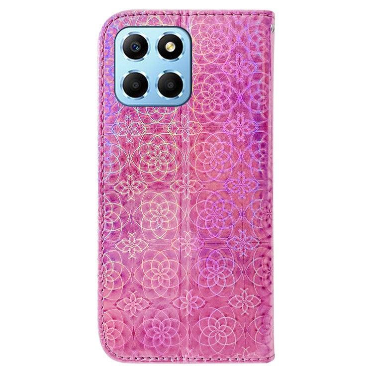 For Honor X8 5G Stand Magnetic Flip Phone Cover Leather Dazzling Flower Pattern Wallet Case with Strap - Pink