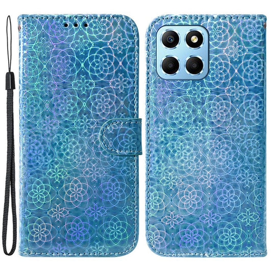 For Honor X8 5G Stand Magnetic Flip Phone Cover Leather Dazzling Flower Pattern Wallet Case with Strap - Blue